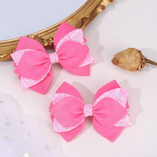 Pink Glitter Hair Bow Clips for Girls Kids Teens - 2PCS 4 Inch Sparkly Hair Accessories
