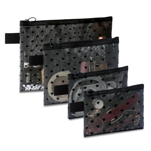 TRAKWAN 4-Piece Heart Mesh Makeup & Toiletry Bag Set - Black Travel Organizer