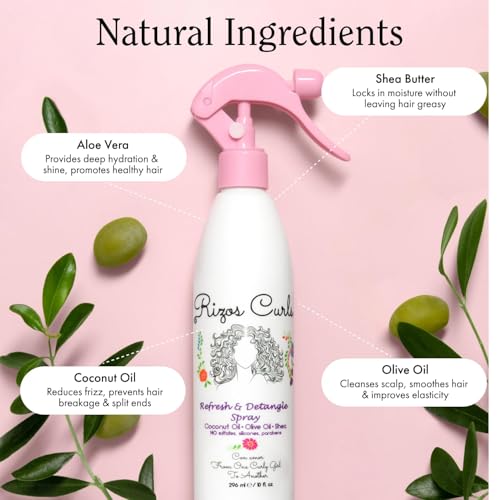 Rizos Curls Travel Refresh & Detangle Spray - Moisturizing Leave-In with Coconut Oil, Aloe Vera & Shea Butter, 2.5 oz