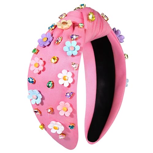NVENF Pink Flower Headband - Crystal Rhinestone Knotted Summer Accessory