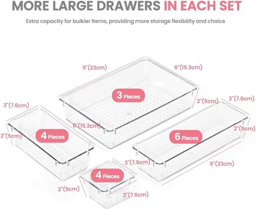 HOUSE DAY 17 Pcs Makeup Drawer Organizer Set - Clear Non-Slip Storage Trays