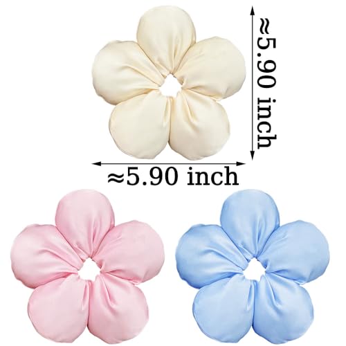 3-Pack Large Flower Satin Hair Scrunchies for Women - Soft Silk Hair Ties in Blue, Pink, Beige