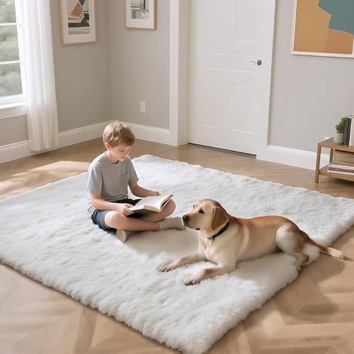 White 2x4 Fluffy Shag Area Rug with Non-Slip Backing