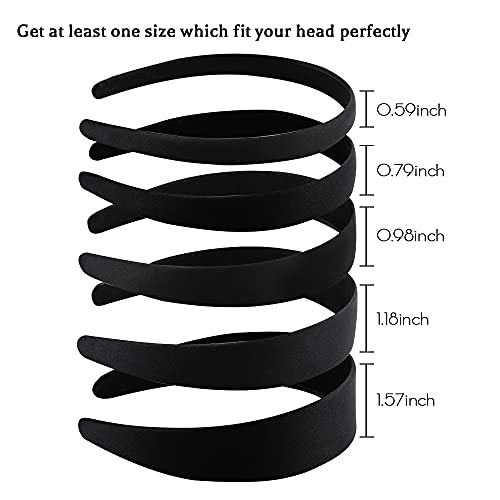 Black Satin Headbands for Women - 5 Sizes Non-Slip Elastic Hairbands for DIY Crafts & Daily Wear