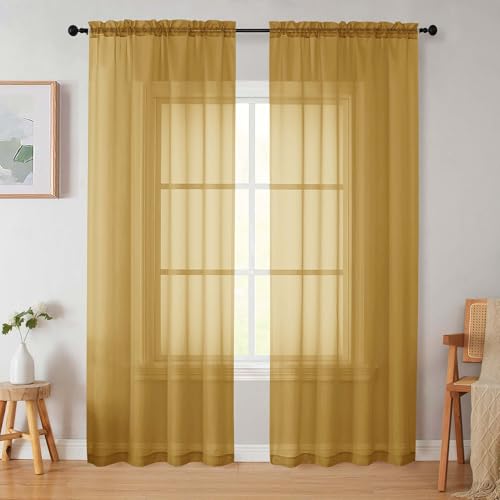Gold Sheer Curtains - 84 Inch Long Light Filtering Drapes, Set of 2