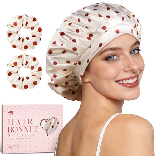 LitBear Red Dots Silk Satin Sleep Bonnet for Women - Protective Hair Wrap