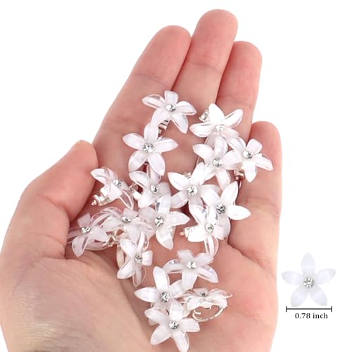 YISSION 40Pcs Mini White Flower Hair Clips with Rhinestone Core – Bridal / Wedding Hair Accessories