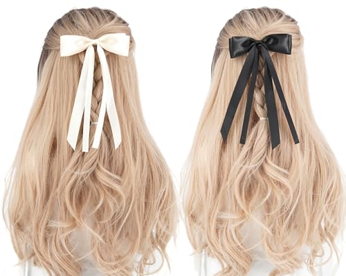 YunZh 6 Pairs Hair Bows for Women & Girls, Satin Ribbon with Long Tails, Black Beige White Red Purple Pink