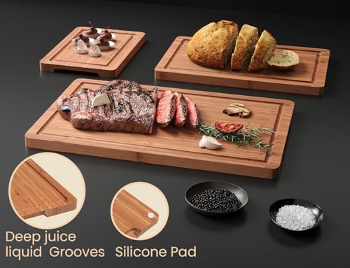 Bamboo Cutting Boards Set of 3 with Juice Groove & Handles