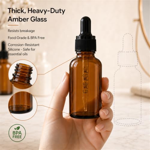 PrettyCare 12 Pack 1oz Amber Glass Dropper Bottles with Black Cap