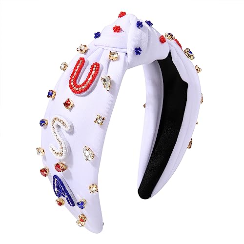 USA Patriotic Knotted Headband with Rhinestones for 4th of July