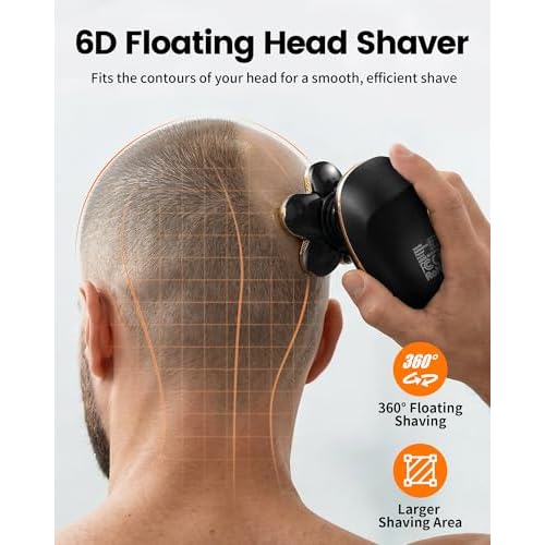 PRITECH Head Shavers for Bald Men, Type-C Charge Electric Razor with 6 Rotary Blades, Waterproof Shaving Grooming Kit, Turbo Speed & Precision Blades, LED Display & Detachable Blade Head(Black)