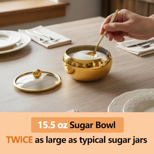 15oz Stainless Steel Sugar Bowl with Glass Lid & Spoon - Gold