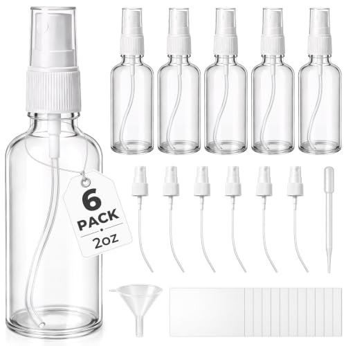 JTIEO 6 Pack 2oz Glass Spray Bottles for Essential Oils & Perfume - Travel Refillable Set