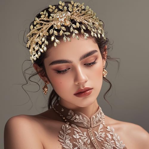 Champagne Rhinestone Bridal Headband - Floral Wedding Hair Accessory