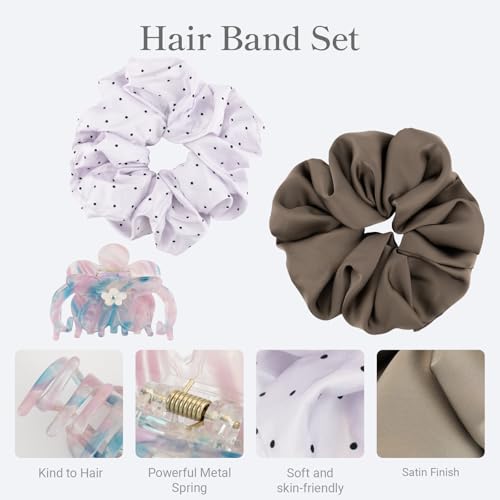 Easter Hair Set: Brown Satin & Lavender Polka Dot Scrunchies with Acetate Claw Clip
