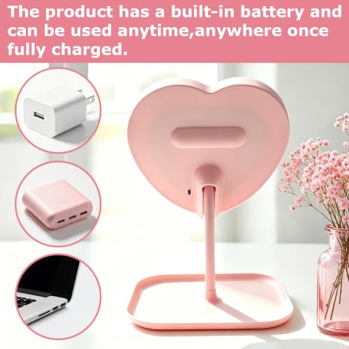 Heart-Shaped LED Makeup Mirror with 3 Light Colors for Girls