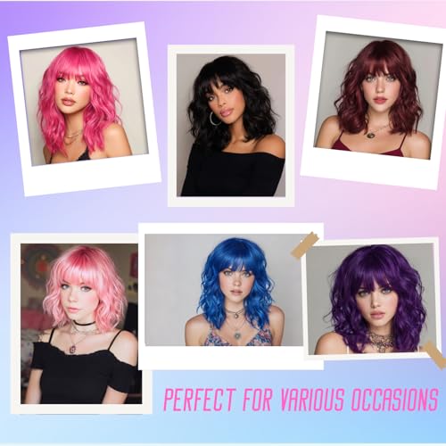 Cielo Hair 14 Inch Dark Purple Short Bob Wig with Bangs for Women & Girls