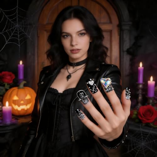 BAXTDNE Duckbill Short Halloween Fake Nails - Punk Spike Cross Metal Rhinestone, Reusable Press-On Nails (Size M, 10Pcs) - Variation 9