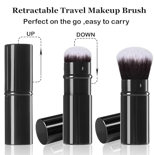 Keriloo Black Retractable Kabuki Makeup Brush Set - 2 Pack Travel Face Powder Brushes