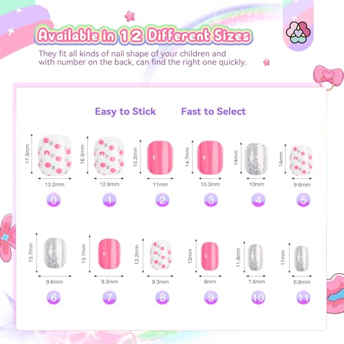 SAVILAND Kids Press On Nails Set - 168 Pre-Glued Short Nails, Blue Pink White Silver, Glitter Patterns for Ages 8-12