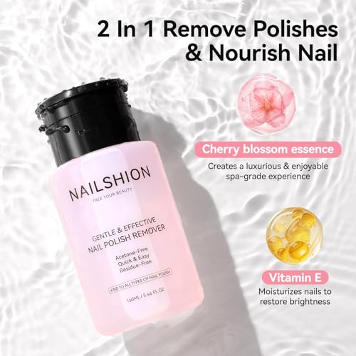 Nailshion Non-Acetone Quick Nail Polish Remover with Cherry Blossom Scent, Refillable Pump 5.46oz