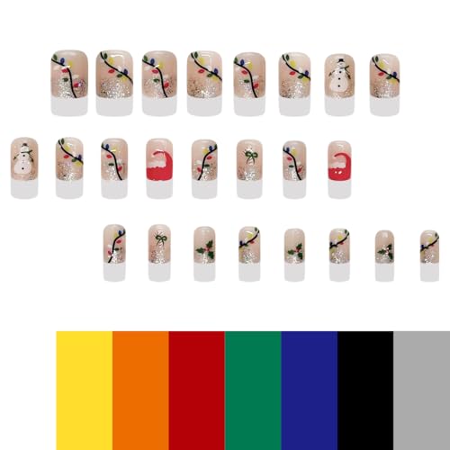 HREJHDS Snowman Christmas Glitter Press On Nails Short Square Fake Nails with French Tip & Nude Design