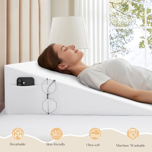 Soft Microfiber White Wedge Pillow Cover with Side Pockets - 25"x25"x8"