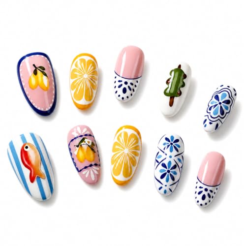 YWCYSP 10 Pcs Hand-Painted Summer Fish & Lemon Press On Nails - M