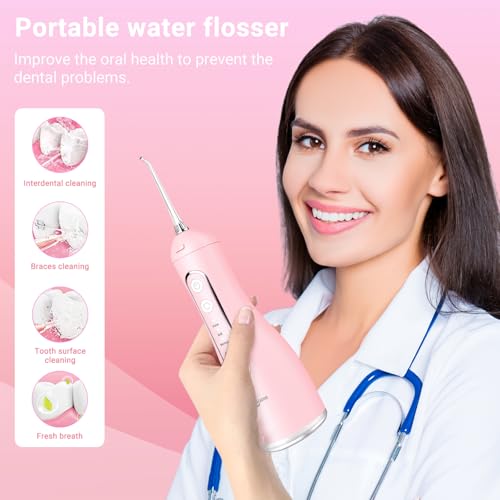 JNGOODS Cordless Water Flosser Oral Irrigator 300ml Pink, Rechargeable, 4 Modes Waterproof