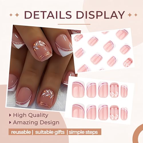 24 Pcs Short Square Press on Nails - Rose Gold Glitter French Tips