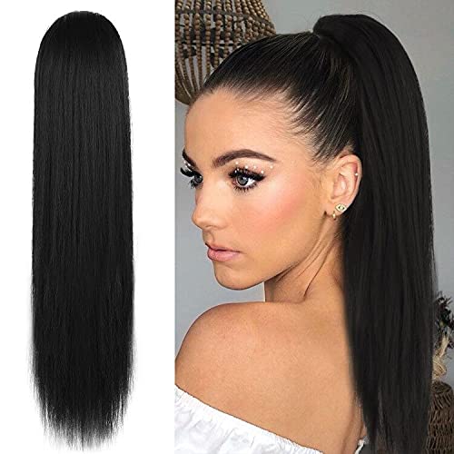 Dark Brown Straight Ponytail Extension - 28 Inch Clip-In Hairpiece for Women | Synthetic Wrap Around Style
