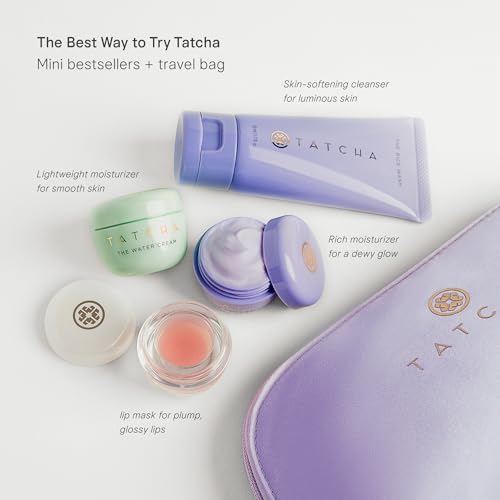 Tatcha's Travel Essentials Set - Trial-Size Bestselling Japanese Skincare - Travel Bag with a Mini Rice Wash, Dewy Skin Cream, Water Cream, and Kissu Lip Mask - TSA Friendly Kit & Gift Set