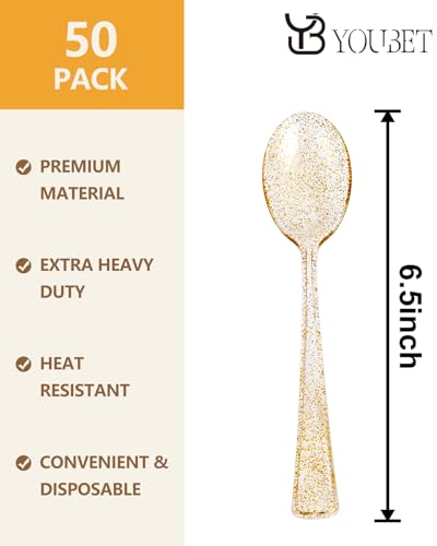 YOUBET 50PCS Gold Glitter Disposable Spoons - Heavy Duty Plastic Cutlery