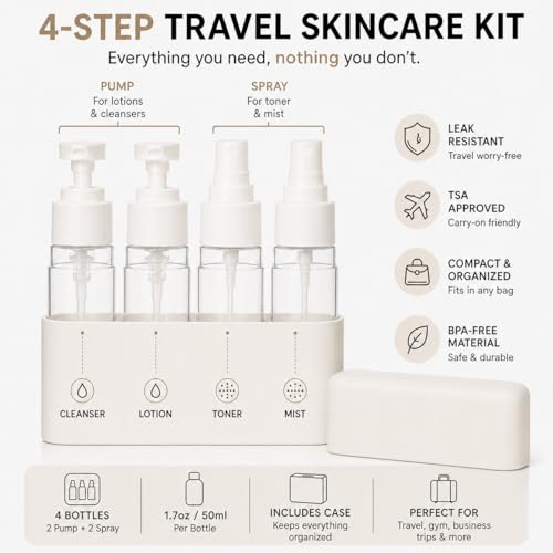 TSA Approved Travel Skincare Bottles Set - 2 Pump & 2 Spray Containers