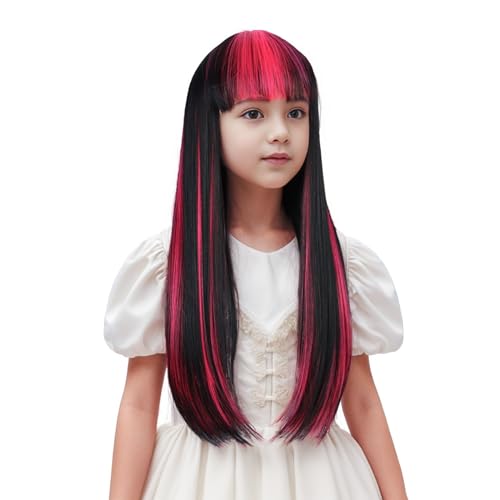 Edivd Long Straight Pink Mixed Black Wig with Air Bangs - Heat Resistant