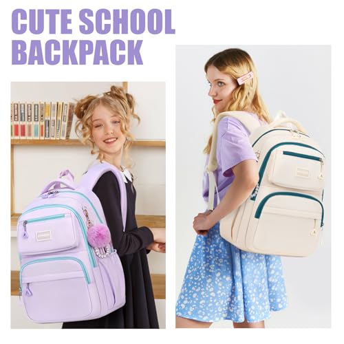 Cute Girls Backpack for Ages 6-12 with Pom Pom Keychain