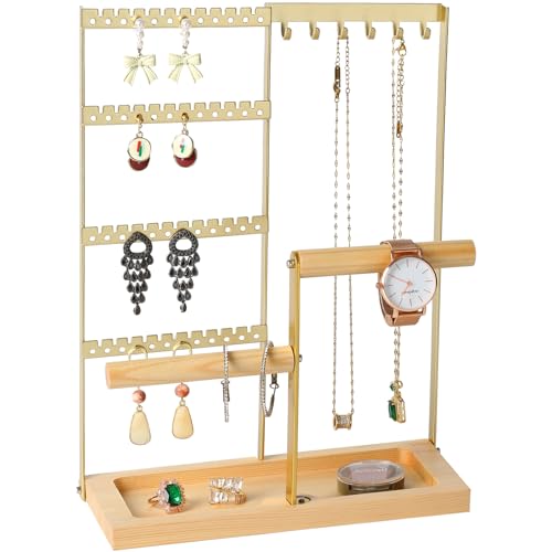 Gold Jewelry Organizer Stand - 4 Tier Earring Holder with Necklace Hooks