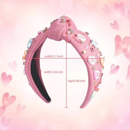 Pink & Rose Red Valentine's Day Headbands for Women Girls Knot Rhinestone Heart Accessories, 2 Pack