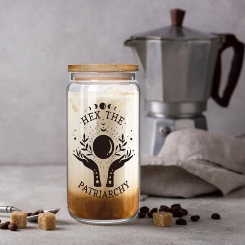 Hex the Patriarchy 16 oz Glass Cup with Lid & Straw - Feminist Gift