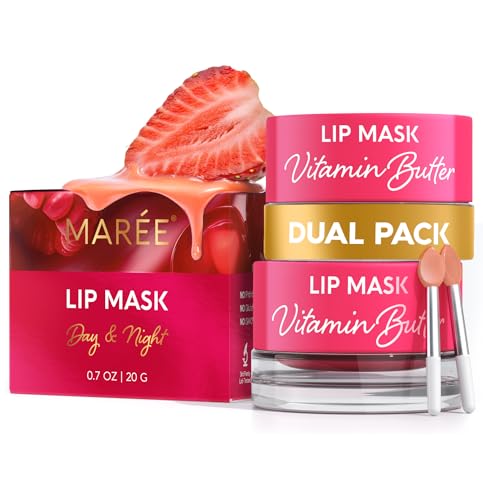 MAREE Strawberry Lip Mask Overnight 2 Pack - Hydrating Lip Butter with Hyaluronic Acid & Collagen