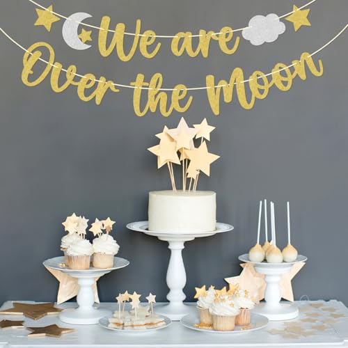 We Are Over the Moon Banner - Gold & Silver Glitter Baby Shower Decor