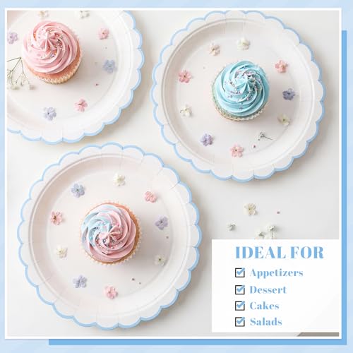 30 Pack Light Blue Scalloped Paper Plates - 9" Dessert Plates for Parties