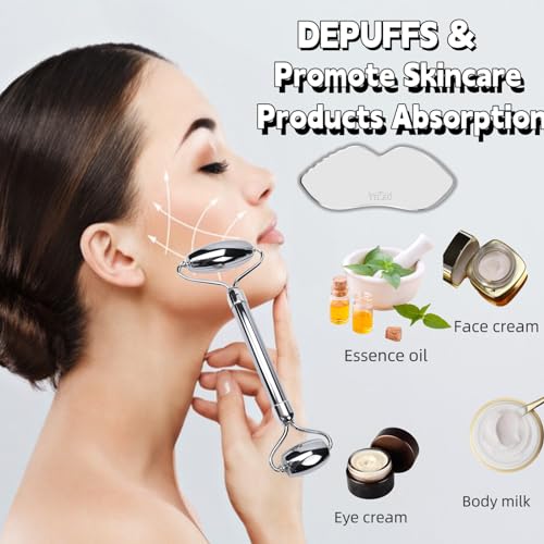 Tileu Stainless Steel Face Roller & Gua Sha Tool Set - Anti-Aging