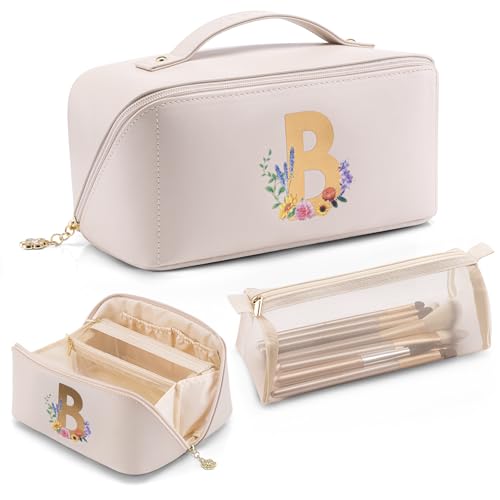 VLANDO Initial Makeup Bag with Brush Pouch - Personalized PU Leather Case