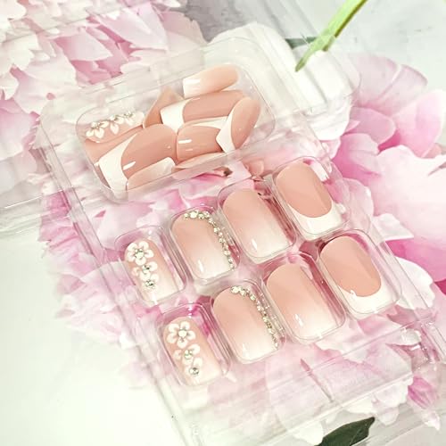Onsdag Flower & Rhinestone French Square Nails - Medium Coffin Full Cover Fake Nails Set