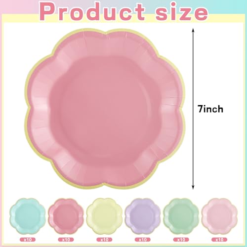 60 Pastel Paper Plates, 7-Inch Scalloped Dessert Plates with Gold Rim