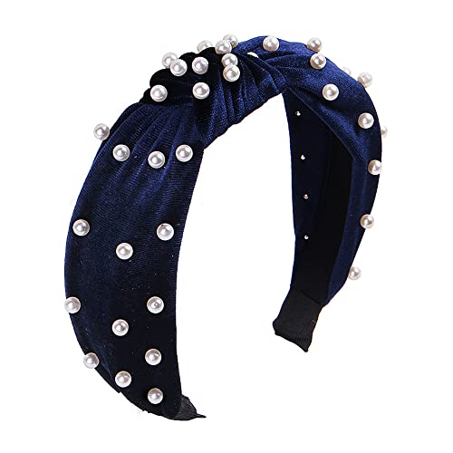Navy Blue Velvet Pearl Knot Headband for Women - CAUDIO Wide Top Knot Cross Hairband