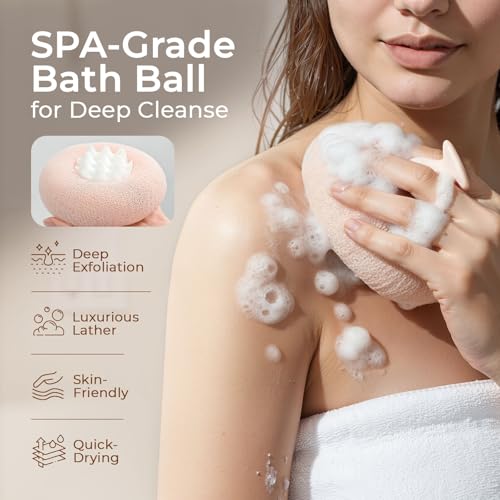 5-Pack Bath Sponges with Suction Cup Hook - Pink, Yellow, Green, Purple, Gray | Soft Exfoliating Loofah Set for Gentle Cleansing