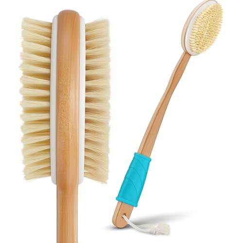 Vive Light Wood Back Scrubber for Shower - Long Handle Dry Body Brush